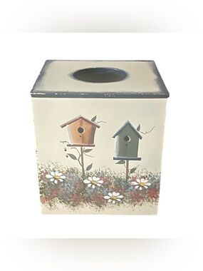 Handpainted Birdhouse Tissue Box Cover - Cream